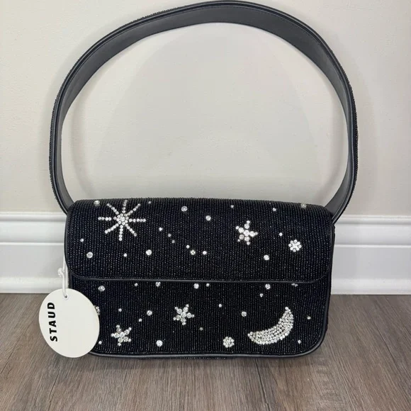 STAUD Tommy Beaded Black Starry Night Shoulder Bag Purse - Picture 3 of 16